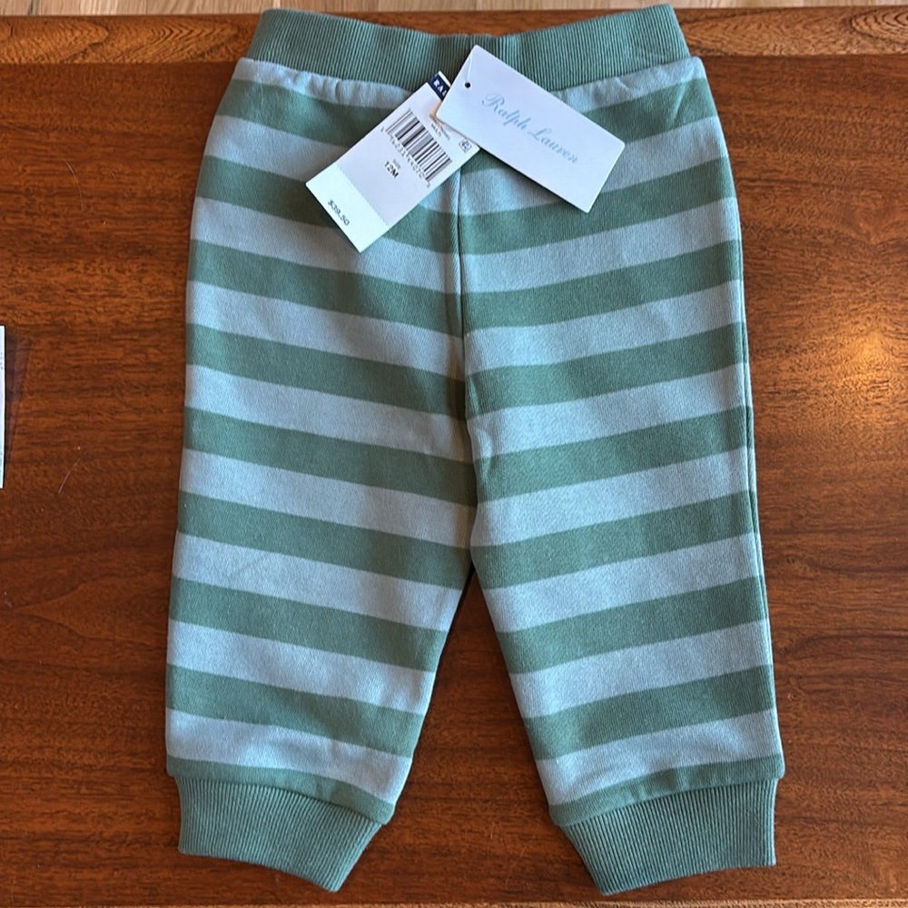 NWT Ralph Lauren (Baby) 12 month Green/Green Stripe Joggers w/ waist tie - Picture 6 of 7